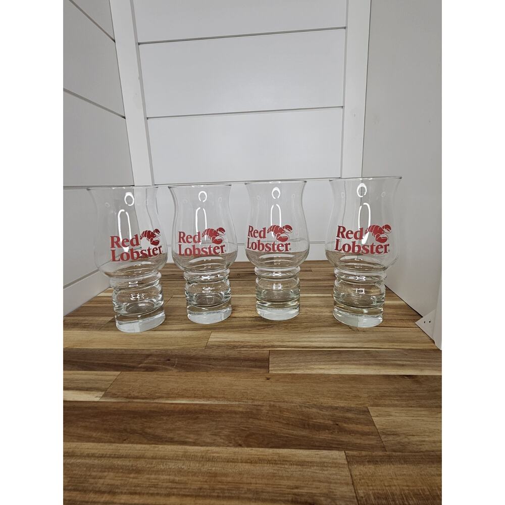 Set of 4 Vintage Red Lobster Glasses Hurricane Drink Glass Red Logo Cups